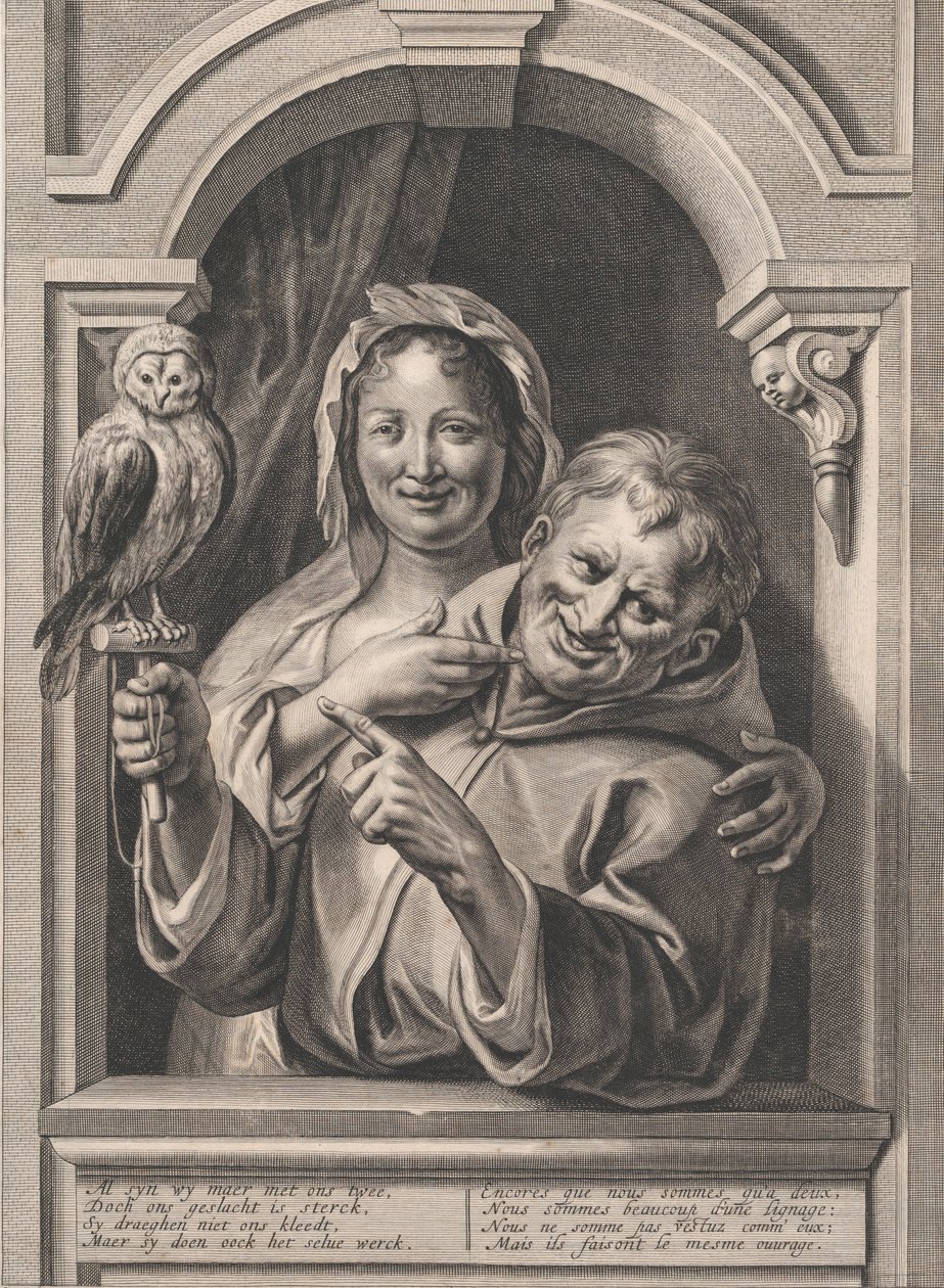 Un pazzo con un gufo e una donna alla finestra da Pieter de Jode II