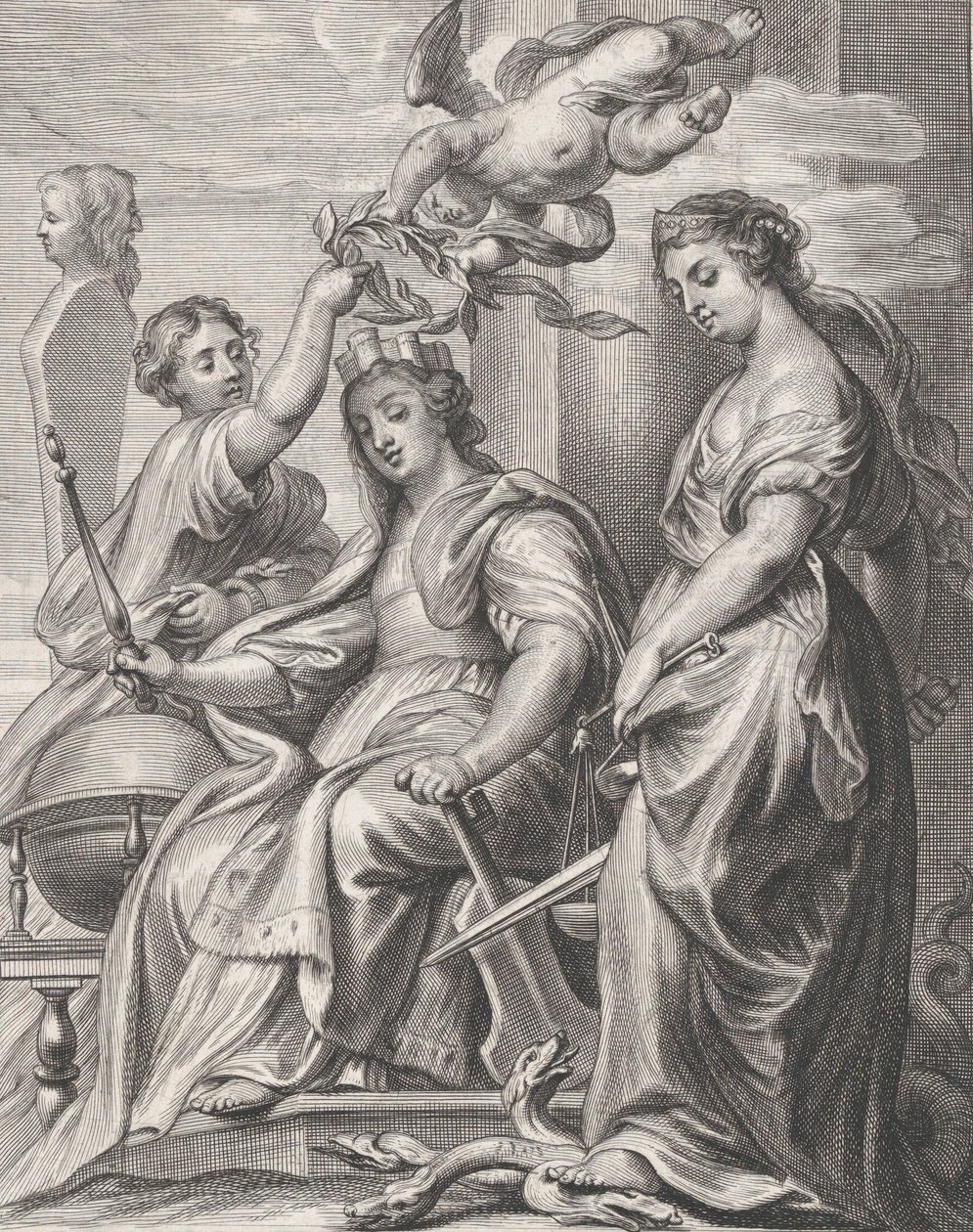 Allegoria del Buon Governo, seduto al centro e incoronato da un putto e una donna da Pieter de Jode II