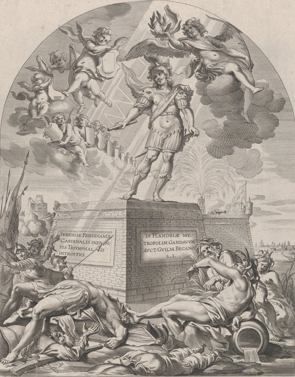 Ferdinando come Marte, in piedi su un piedistallo, dal libro di Guillielmus Becanus 