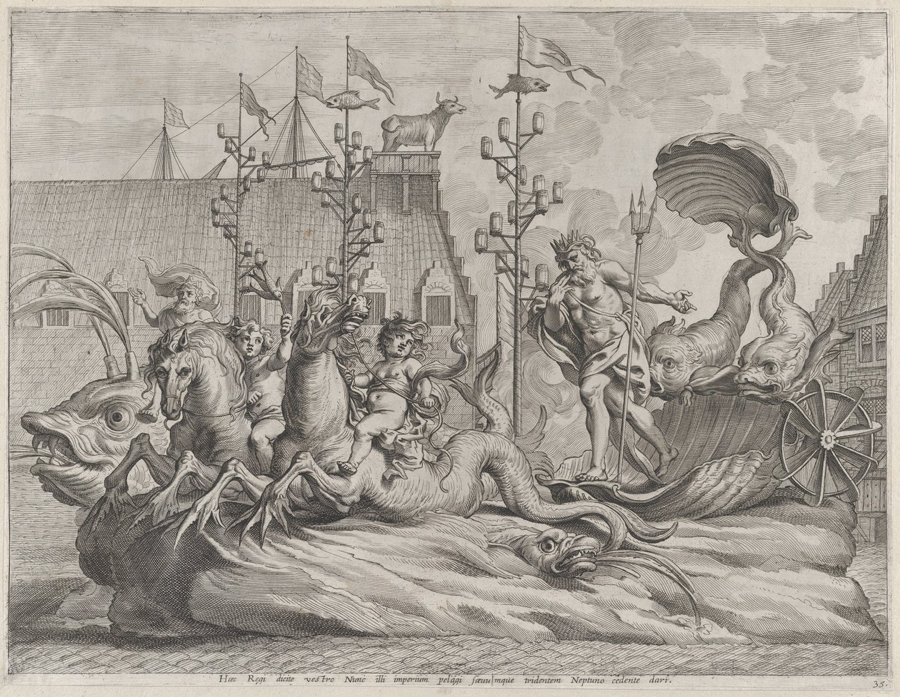 Filippo di Spagna come Nettuno, su un carro trainato da due cavalli marini da Pieter de Jode II