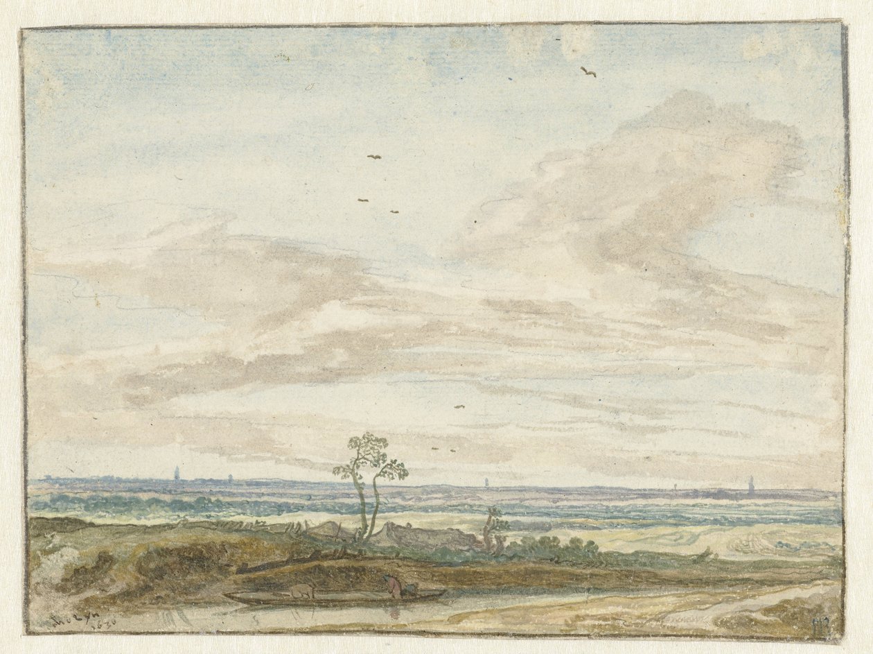 Ampio paesaggio con una strada lungo un canale da Pieter de Molijn