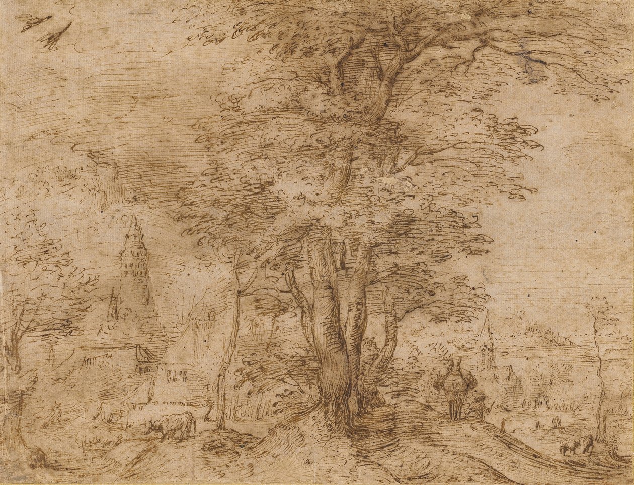Un villaggio con un gruppo di alberi e un mulo, c.1552-54 da Pieter Bruegel the Elder