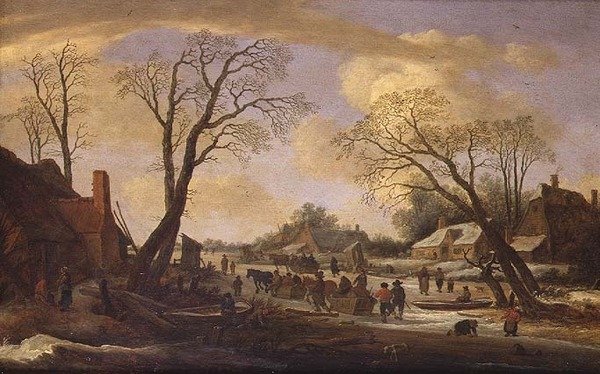 Paesaggio fluviale invernale con contadini e slitte trainate da cavalli da Pieter the Elder Molyn