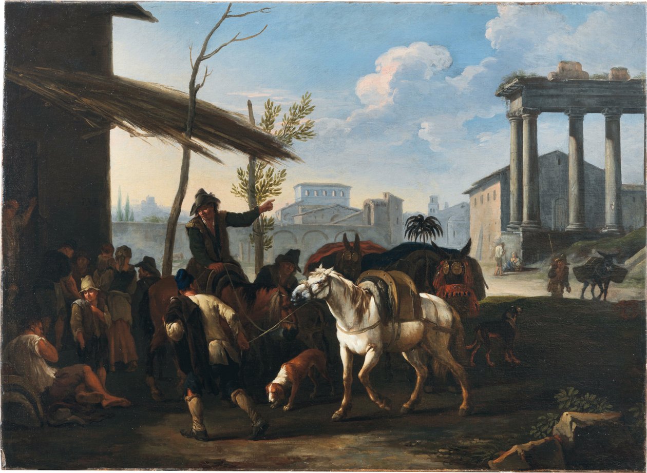 Contadini fuori da una locanda, una città e antiche rovine al di là di essa da Pieter van Bloemen