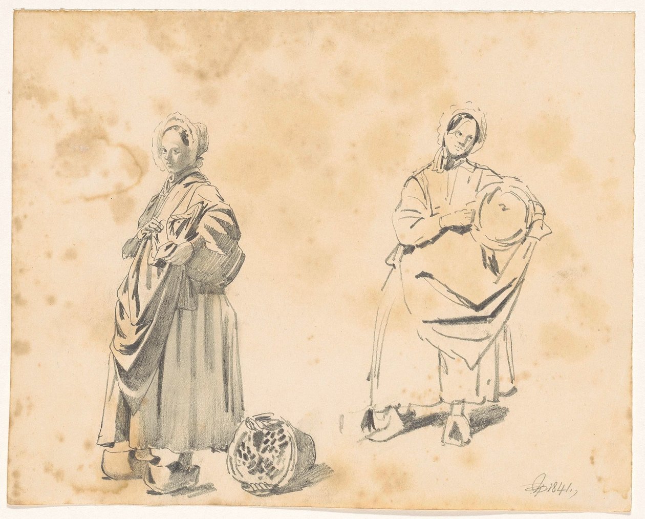 Due studi di una donna in piedi con un cesto da Pieter van Loon