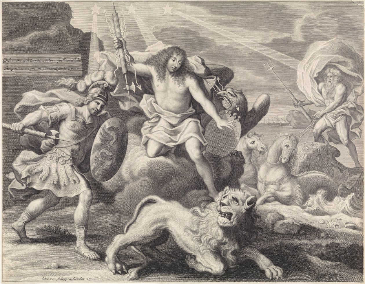 Stampa promozionale con rappresentazione allegorica di Luigi XIV come Giove, 1659 da Pieter van Schuppen