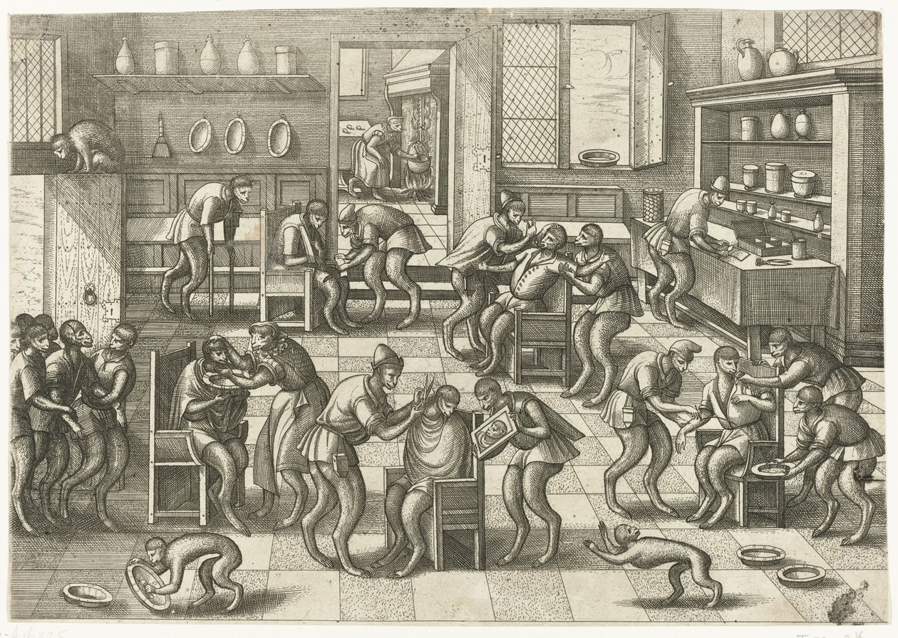 Negozio di barbieri e chirurghi (serie: Gioco delle scimmie) da Pieter van der Borcht (I)