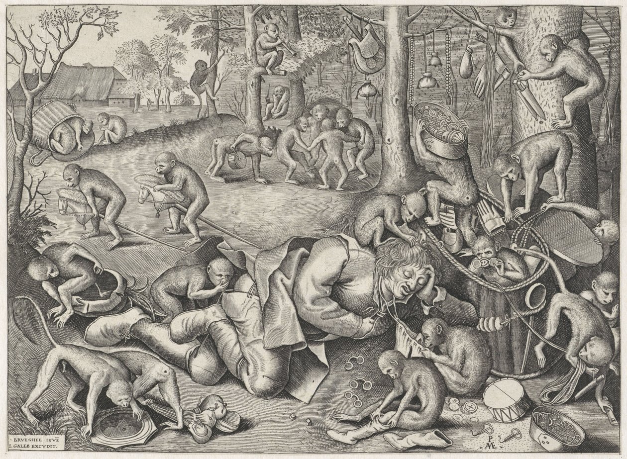 Venditore ambulante derubato da scimmie da Pieter van der Heyden