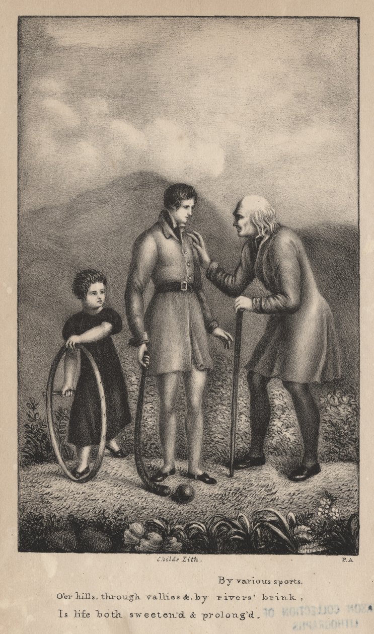 Con vari sport, sulle colline, attraverso le valli e lungo il fiume, la vita è sia dolce che prolungata, litografia di C.G. Childs da Pietro Ancora