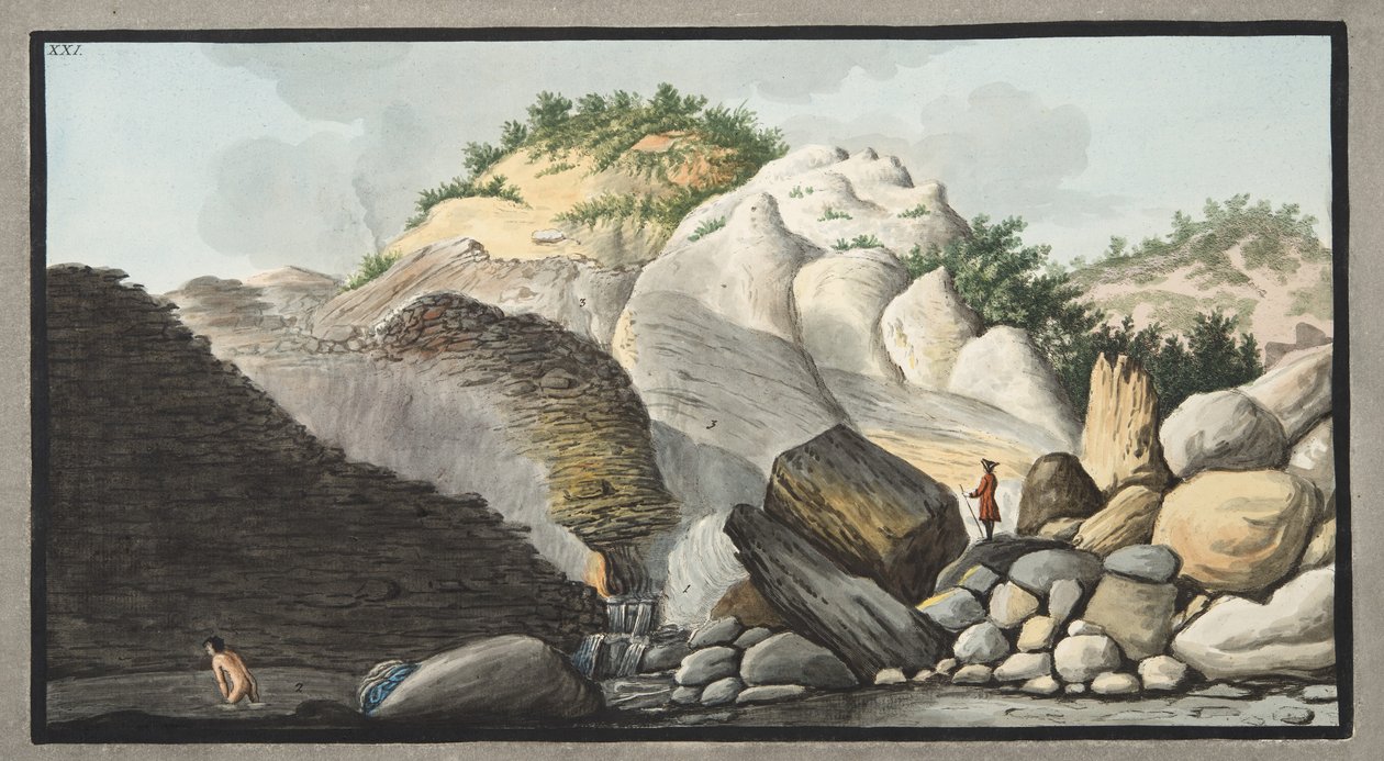 Vista della sorgente calda, Pisciarelli, da una parte del cono del Solfaterra, Tavola XXI da 