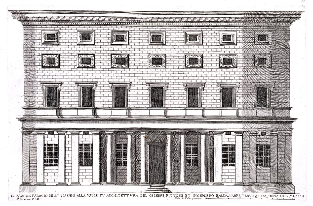 Vista della facciata di Palazzo Massimi alla Valle, Roma, progettato da Baldassarre Peruzzi nel 1532 da Pietro Ferrerio