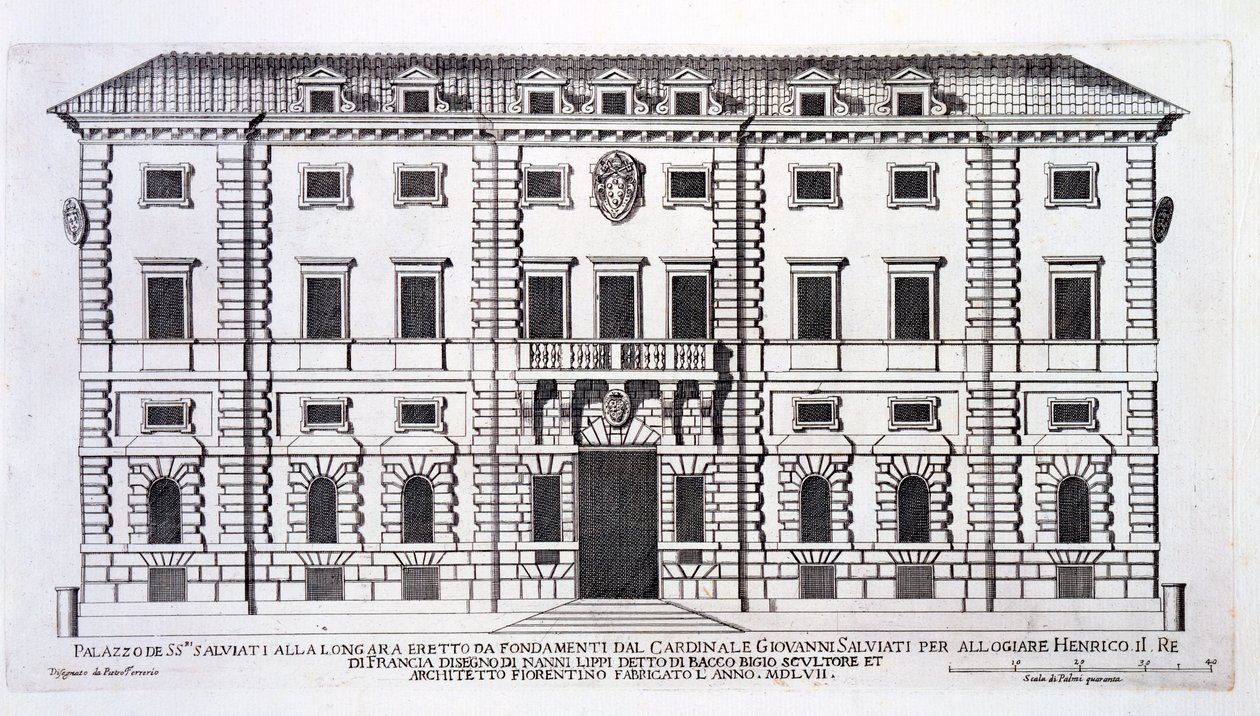Veduta della facciata di Palazzo Salviati a Roma, commissionato dal cardinale Giovanni Salviati per ospitare Enrico, re di Francia, e progettato da Nanni di Baccio Bigio (d.c.1568) nel 1557 da Pietro Ferrerio