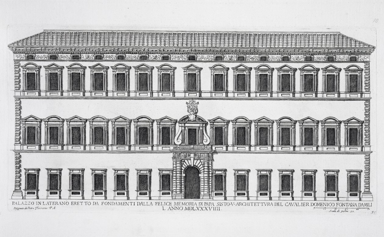 Vista della facciata del Palazzo Lateranense, Roma, commissionato da Papa Sisto V e progettato da Domenico Fontana nel 1589 da Pietro Ferrerio