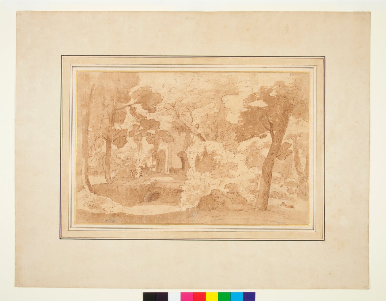 Paesaggio con un edificio in rovina visto tra gli alberi da Pietro Testa