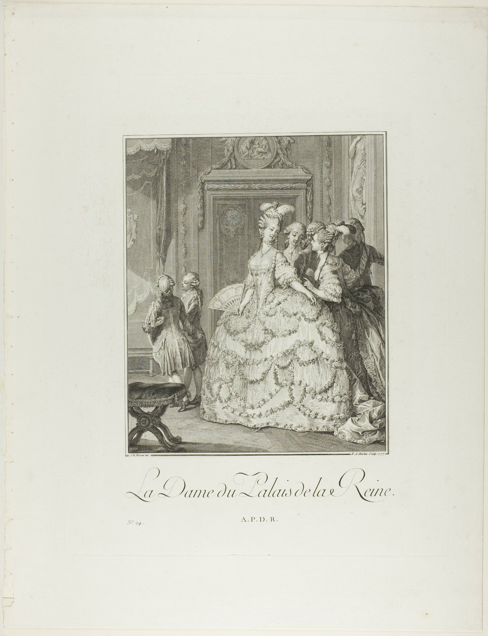 La dama di compagnia della regina, da Monument du Costume Physique et Moral de la fin du Dix-huitième siècle da Pietro Antonio Martini