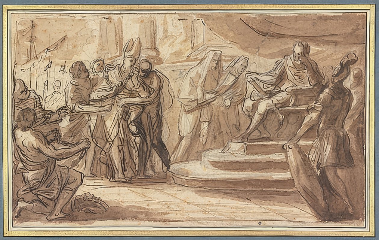 Un vescovo viene portato legato davanti a un imperatore romano da Pietro Bianchi