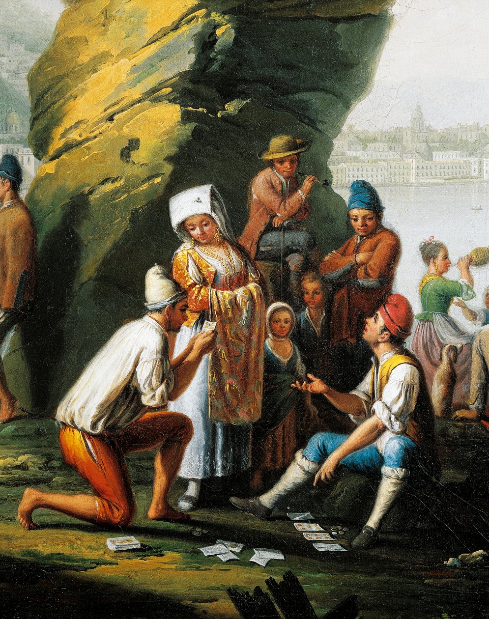 Scena di vita quotidiana nella grotta di Posillipo, uomini che giocano a carte, di Pietro Fabris, dettaglio da Pietro Fabris