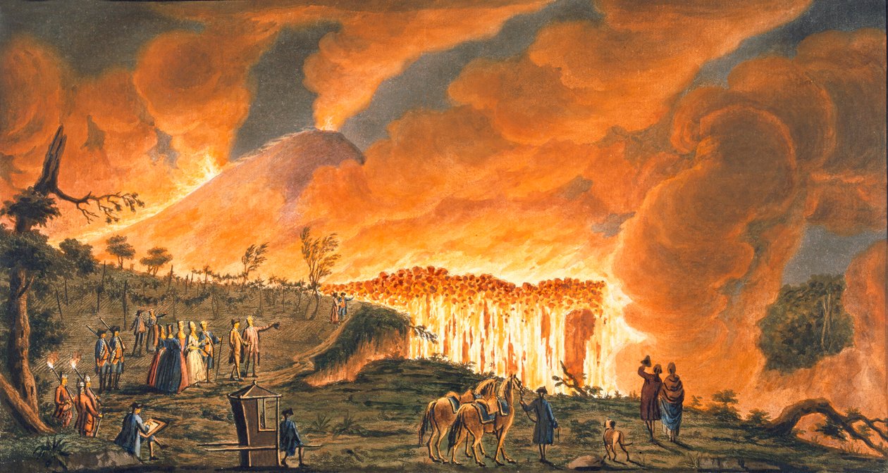 Veduta di Hamilton che scorta le loro maestà siciliane per osservare il flusso di lava da Pietro Fabris