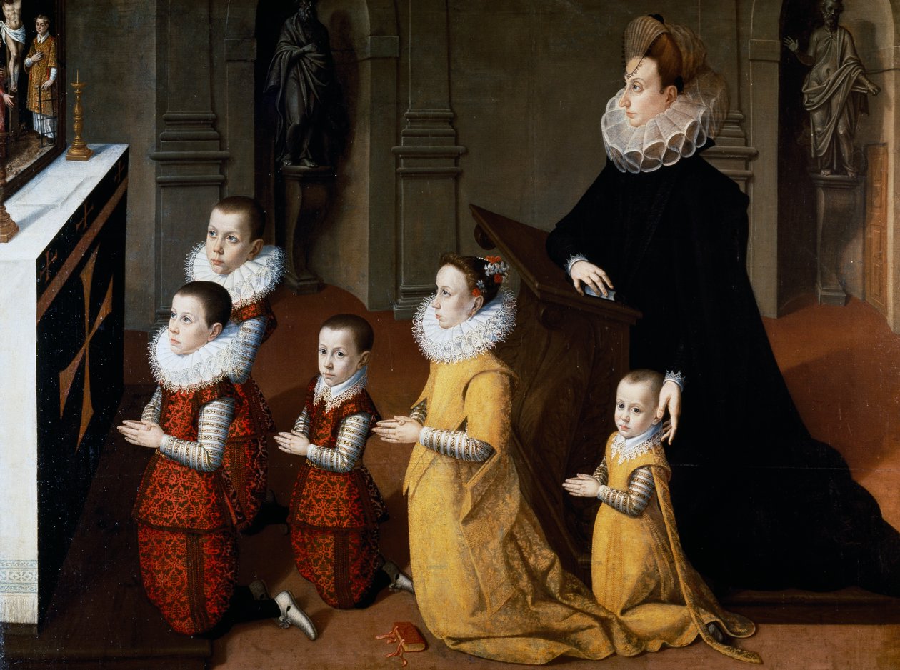 Ritratto di Chiara Albini Petrozzani con i loro figli in preghiera da Pietro Facchetti