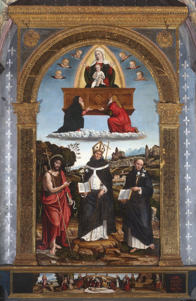 Madonna Odigitria con i santi: Giovanni Battista, Antonino da Firenze e Nicola da Tolentino da Pietro Francesco (1485-1528) Sacchi