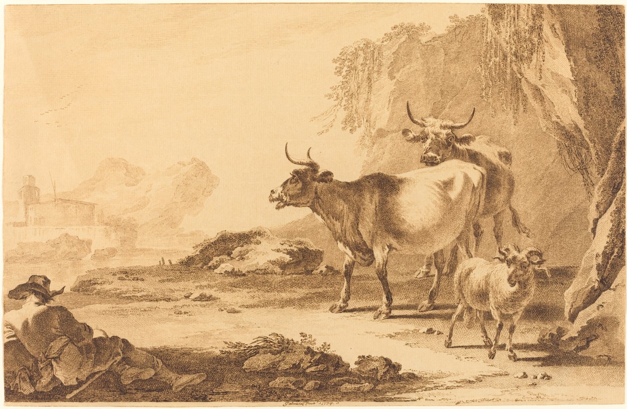 Paesaggio con bestiame, una capra e un pastore a riposo da Pietro Giacomo Palmieri