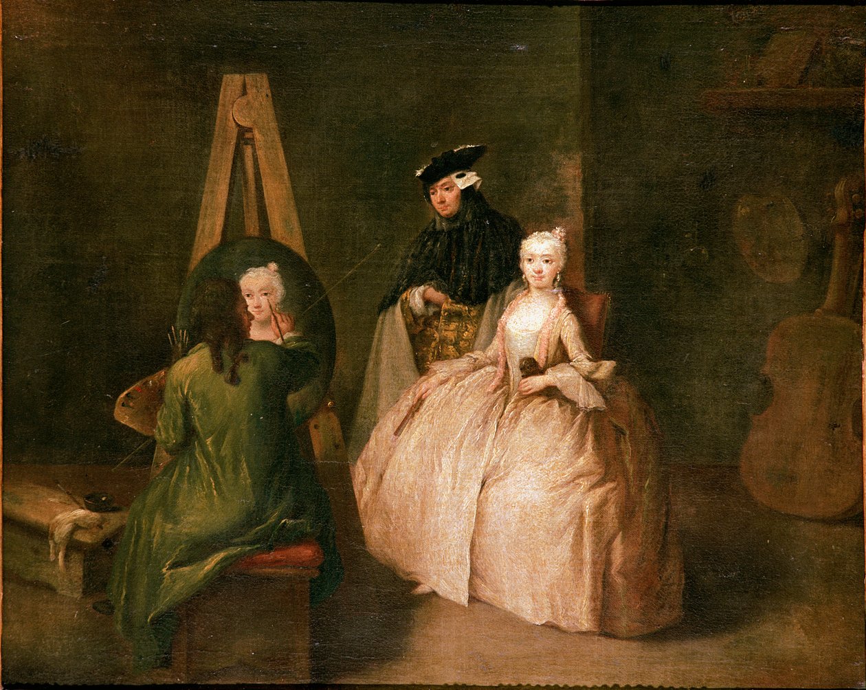 Lo studio del pittore Il pittore davanti al suo cavalletto ritrae una giovane donna. Dipinto di Pietro Longhi (1702-1785) 1740-1745 da Pietro Longhi