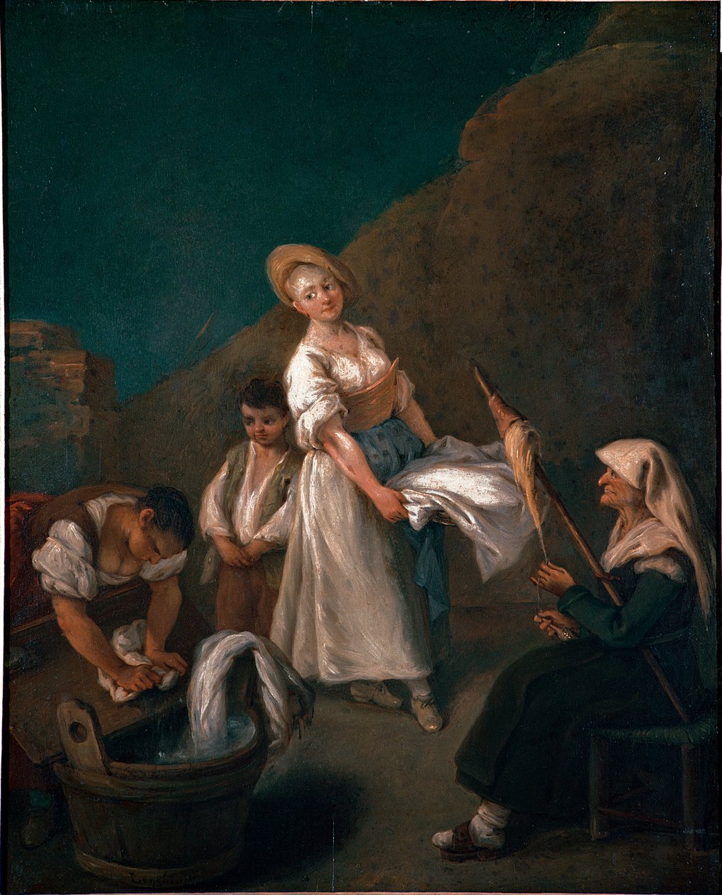 Giovani donne che lavano il bucato nelle tinozze, una donna anziana sulla destra fila la lana. Dipinto di Pietro Longhi (1702-1785) circa 1740. Dim. 61x50 cm Venezia, Ca