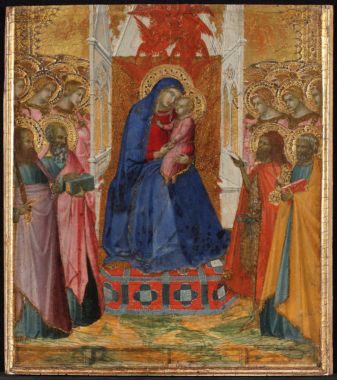 Maria auf dem Thron mit dem Kind, anbetende Engel und Heilige Paulus, Johannes der Evangelist, Johannes der Täufer und Petrus da Pietro Lorenzetti