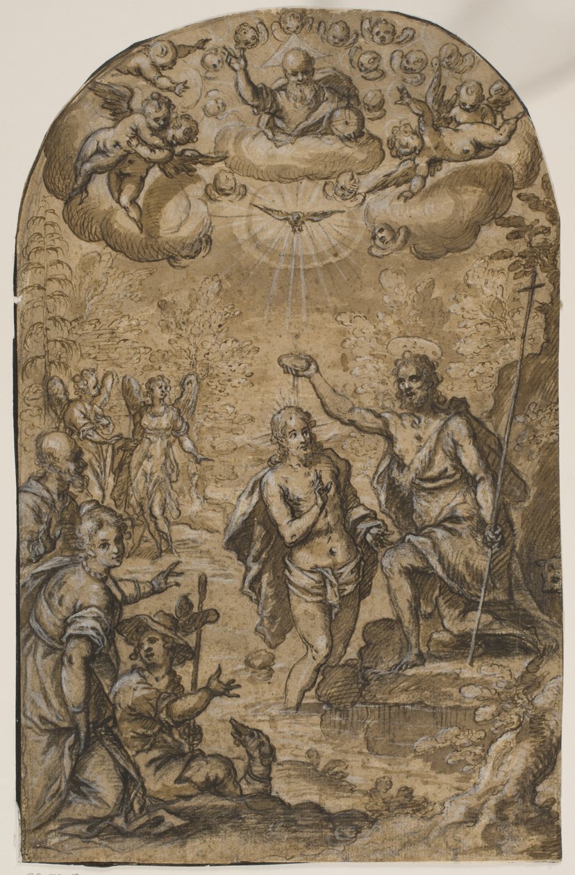 Il battesimo di Cristo con Dio Padre e angeli tra le nuvole da Pietro Mera