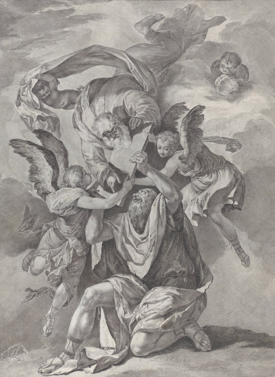 Mosè riceve le Tavole della Legge da Dio che scende dal cielo da Pietro Monaco