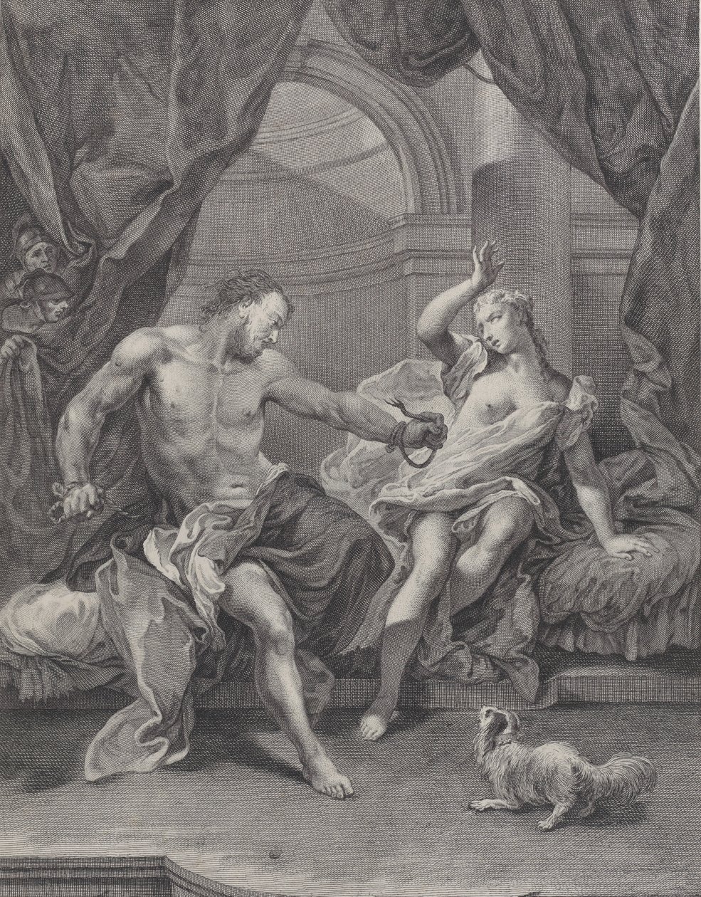 Sansone e Dalila seduti su un letto, Sansone che strappa le corde che legano la sua mano..., ca. 1730-39 da Pietro Monaco