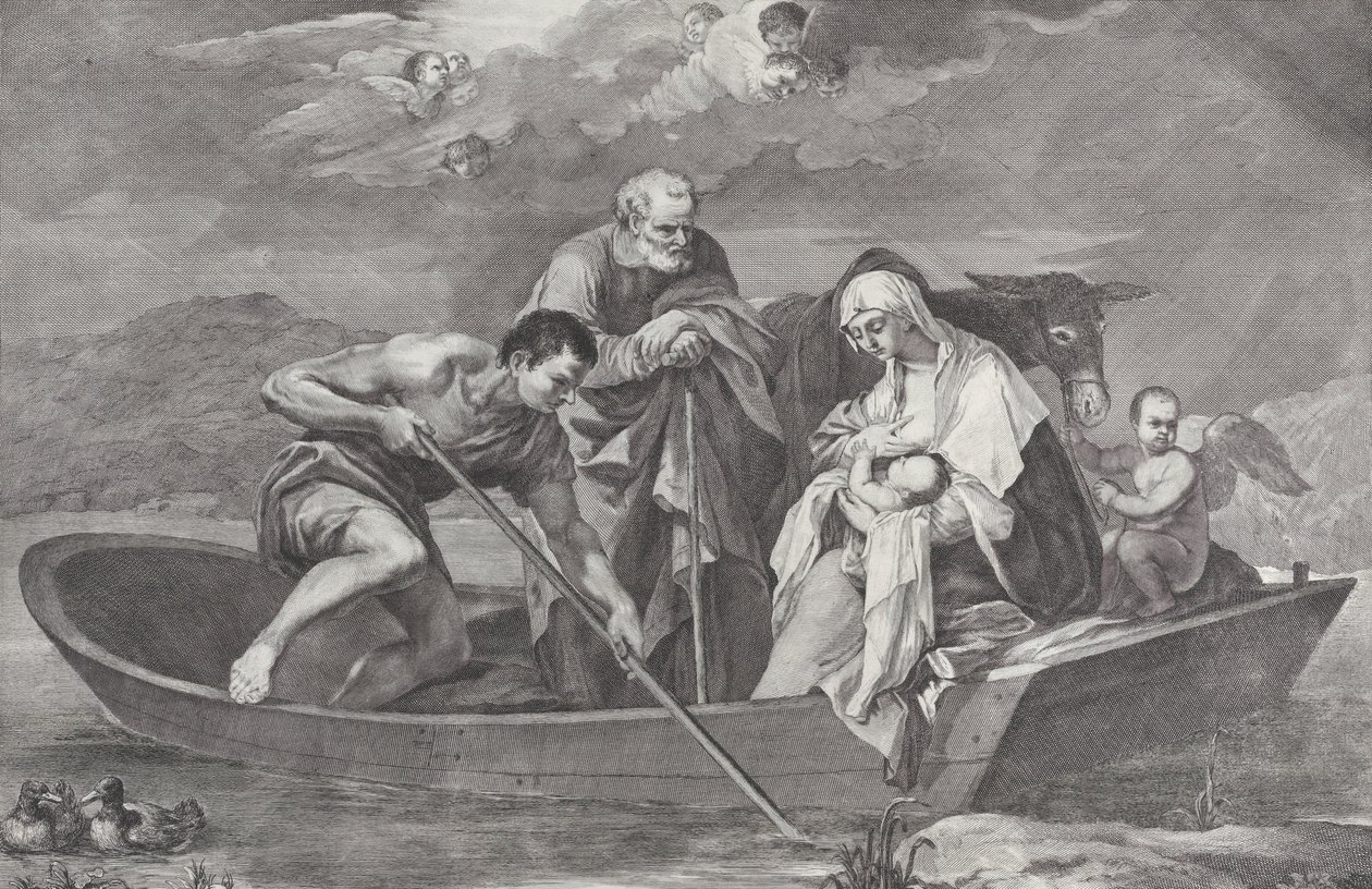 La Fuga in Egitto, con la Sacra Famiglia in una Barca da Pietro Monaco
