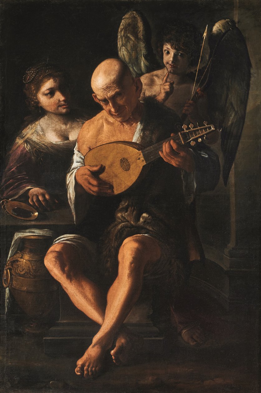 Un uomo anziano che suona la chitarra con una donna e un putto presenti da Pietro Paolini