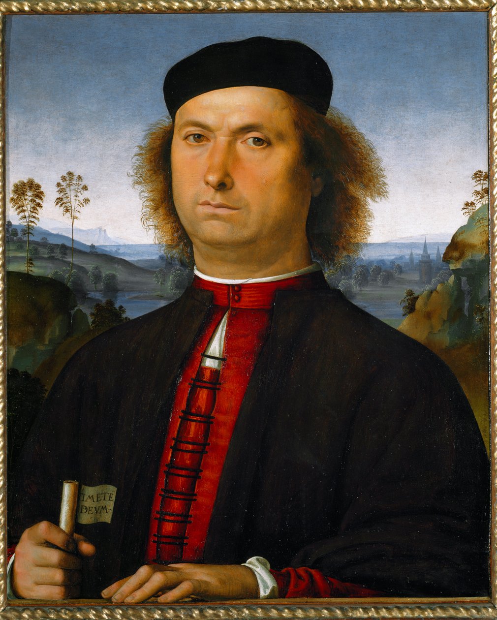Ritratto di Francesco delle Operere. Tiene in mano una pergamena con la scritta 