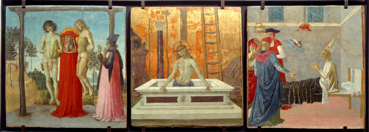 San Girolamo che sostiene due giovani ingiustamente impiccati, Cristo al sepolcro e San Girolamo che resuscita il cardinale Andrea da Pietro Perugino