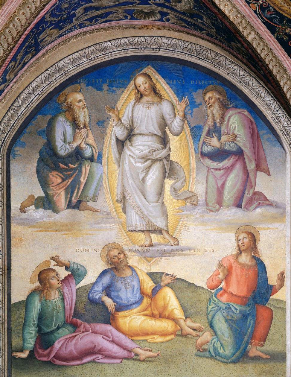 La trasfigurazione: Cristo vestito di bianco è circondato da Mosè ed Elia, sotto gli apostoli Giovanni, Pietro e Giacomo da Pietro Perugino