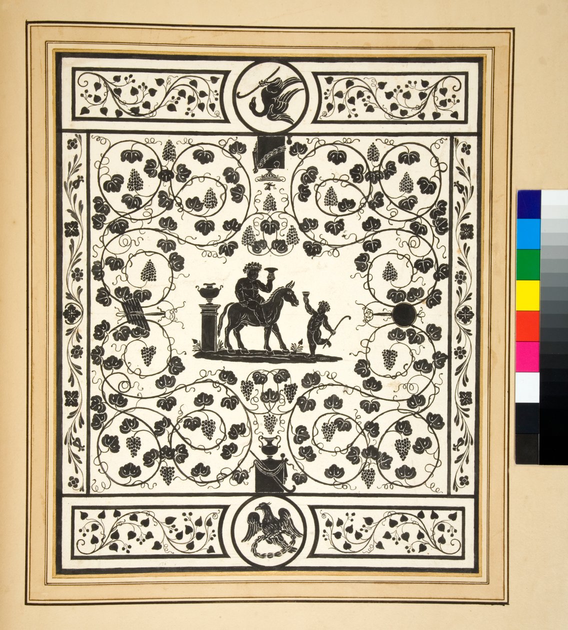 Copia di un pavimento a mosaico, nero su bianco, Pavimento di Bacco del Palazzo di Augusto da Pietro Santi Bartoli