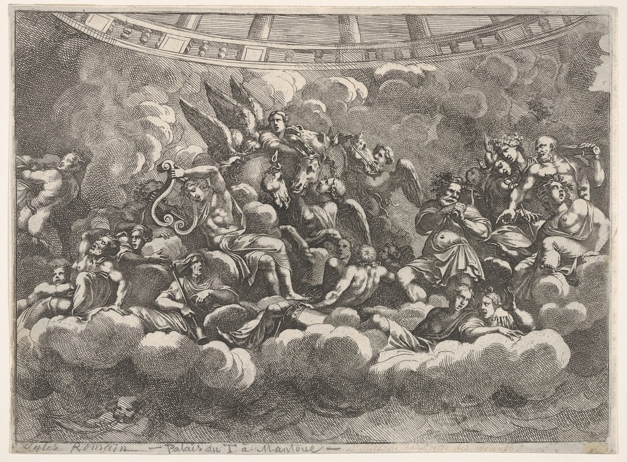 Riunione di vari dei olimpici e figure mitologiche tra le nuvole, Apollo al centro da Pietro Santi Bartoli