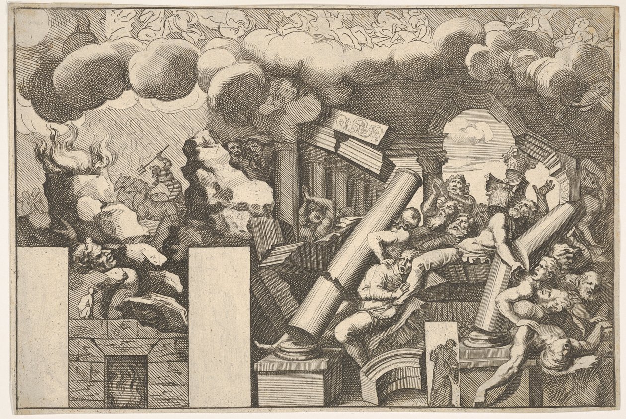 Giganti schiacciati da rocce e colonne cadenti del tempio, nuvole di fumo sopra da Pietro Santi Bartoli