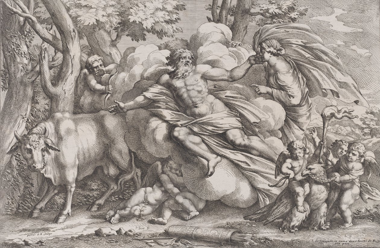 Io a sinistra come una mucca, Giove su una nuvola al centro e Giunone a destra da Pietro Santi Bartoli