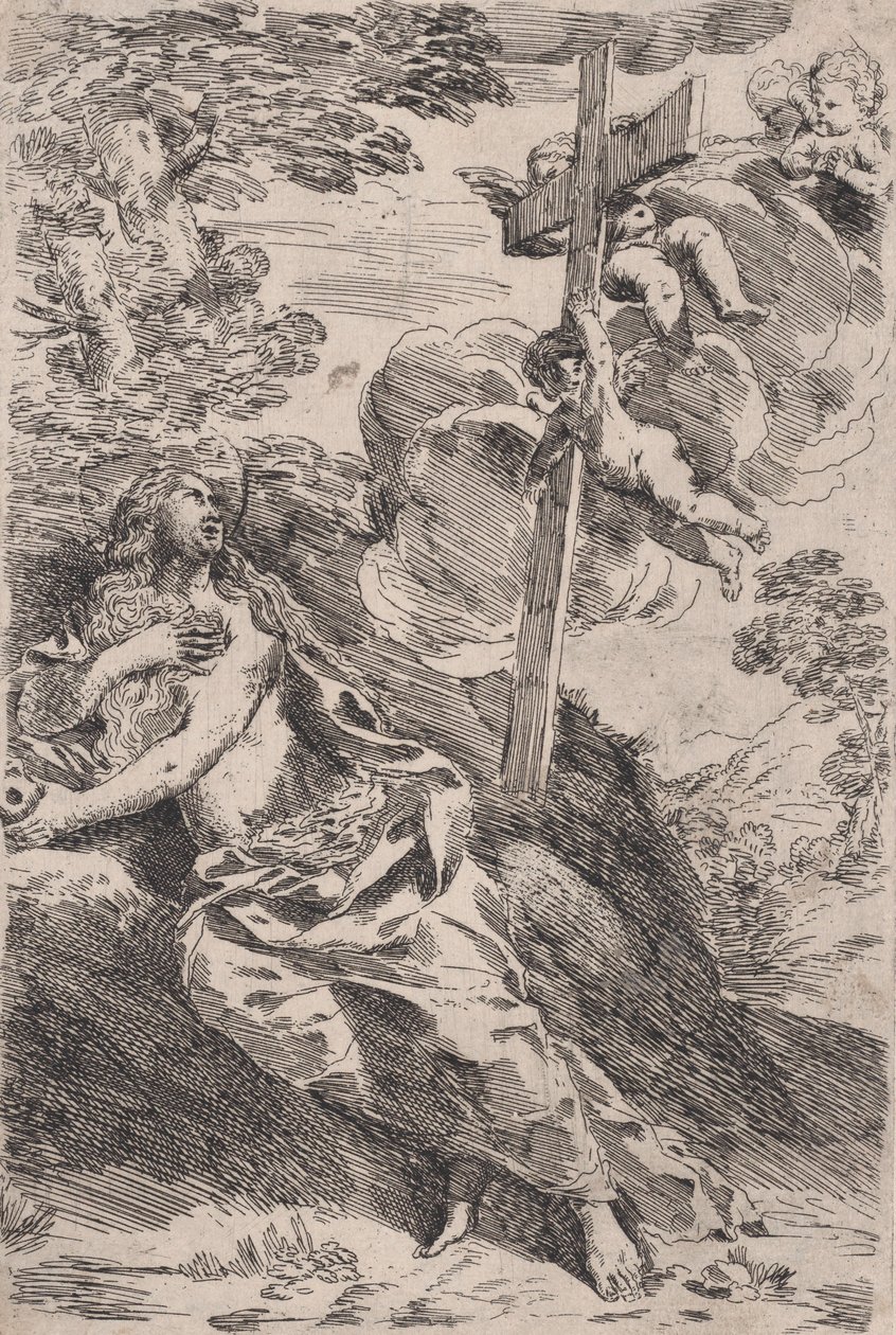 Maria Maddalena nel deserto, una croce portata da angeli a destra da Pietro Testa
