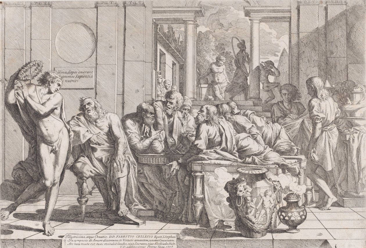 Simposio di Platone: Socrate e i suoi compagni seduti attorno a un tavolo discutendo sull