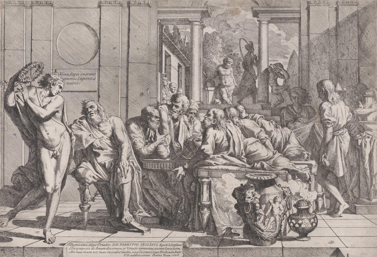 Simposio di Platone: Socrate e i suoi compagni seduti attorno a un tavolo discutendo dell