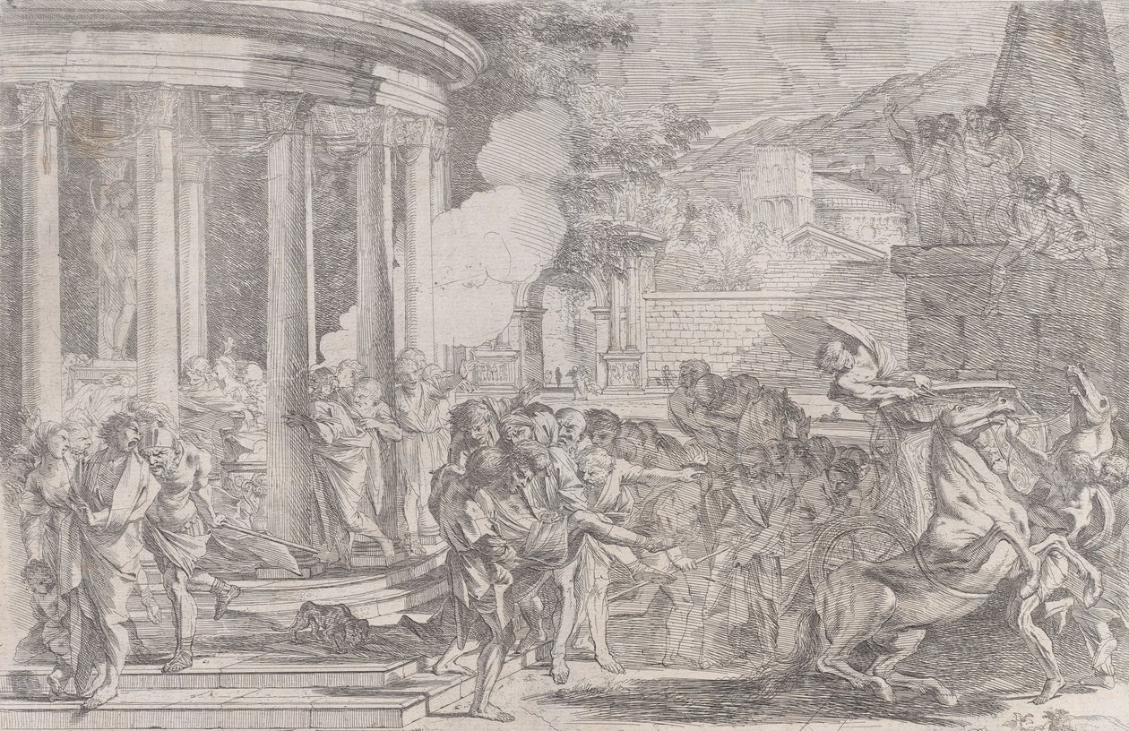 Sinorix portato fuori dal tempio di Artemide cercando di sfuggire agli effetti del veleno, ca. 1640 da Pietro Testa