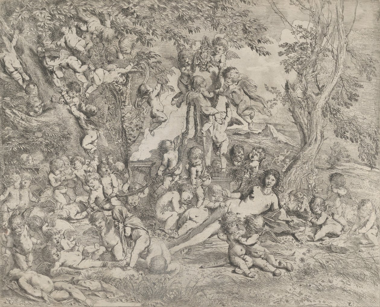 Il giardino di Venere che si reclina al centro davanti a un erma di Pan e circondata..., ca. 1631-37 da Pietro Testa