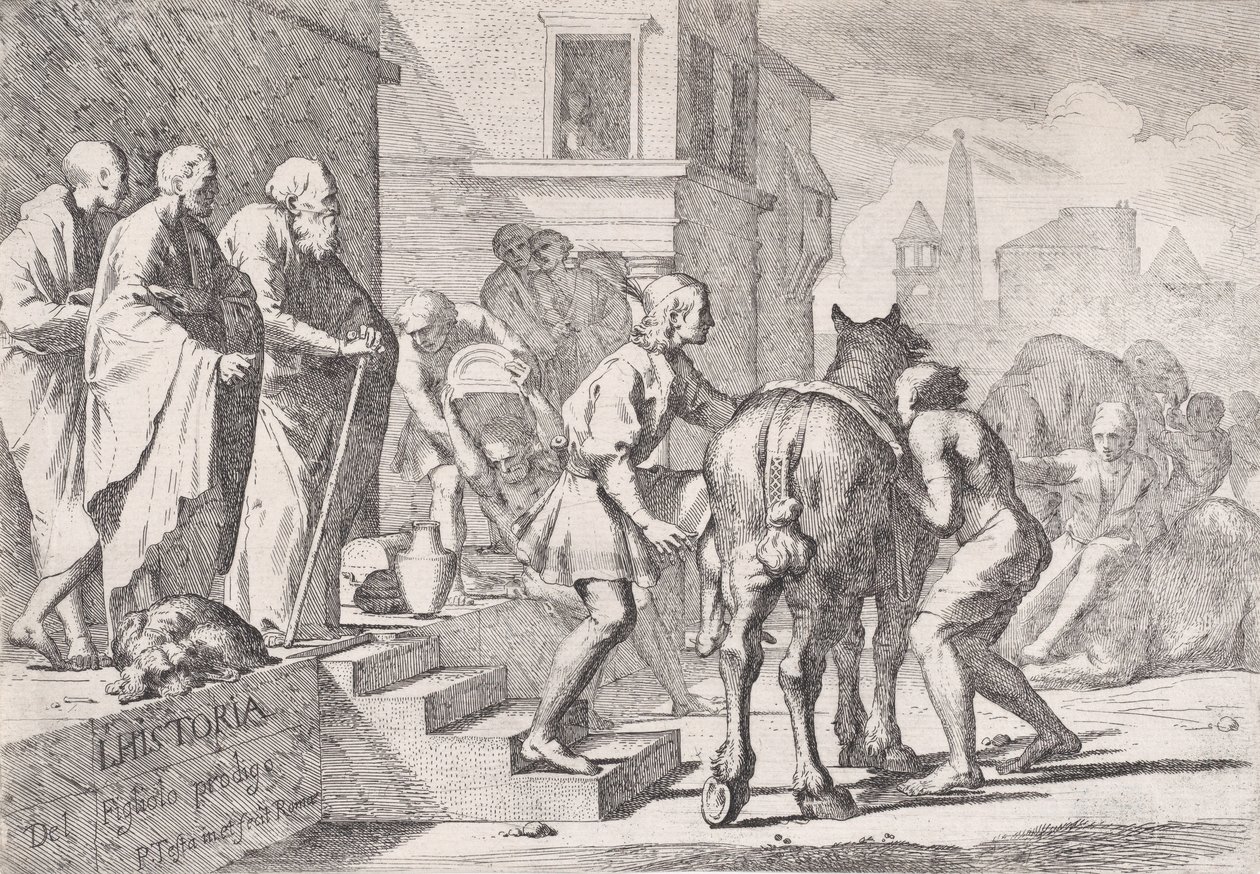 La partenza del figliol prodigo, mostrato mentre sta per montare a cavallo, da una serie di quattro..., ca. 1645 da Pietro Testa