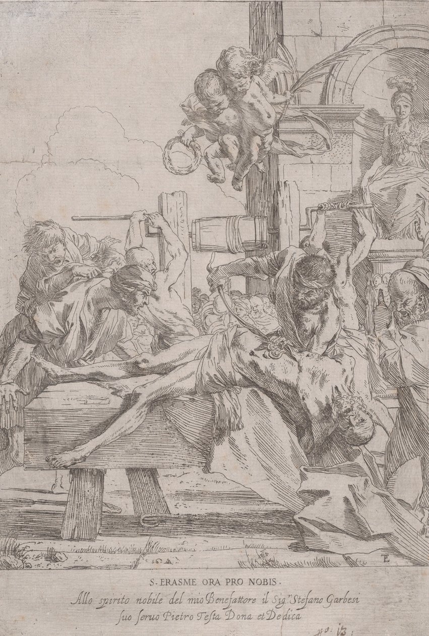 Il martirio di San Erasmo che è prostrato mentre gli vengono estratte le viscere, due putti a..., ca. 1630 da Pietro Testa