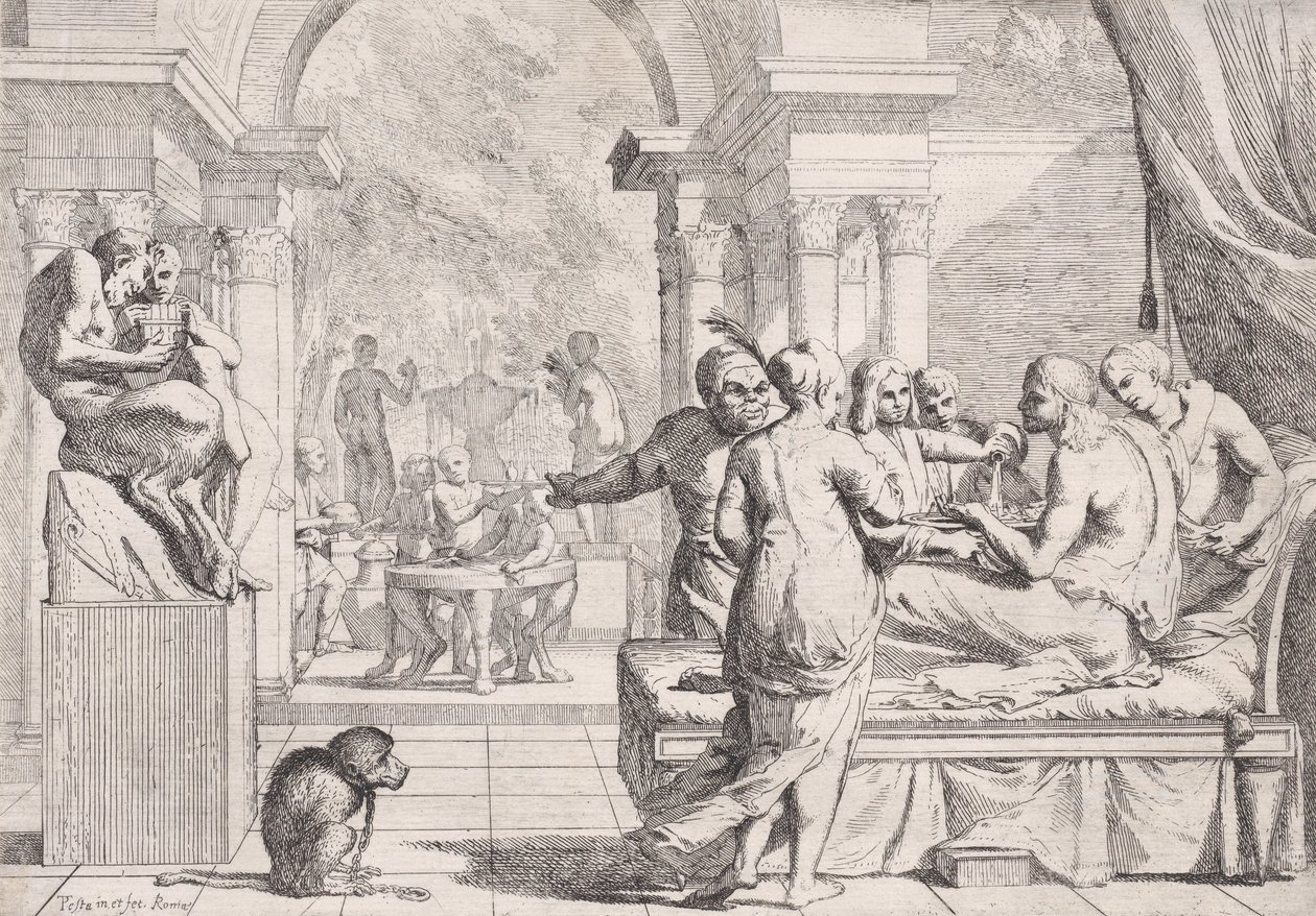 Il figliol prodigo seduto su un divano servito con vino, festaioli sullo sfondo da Pietro Testa
