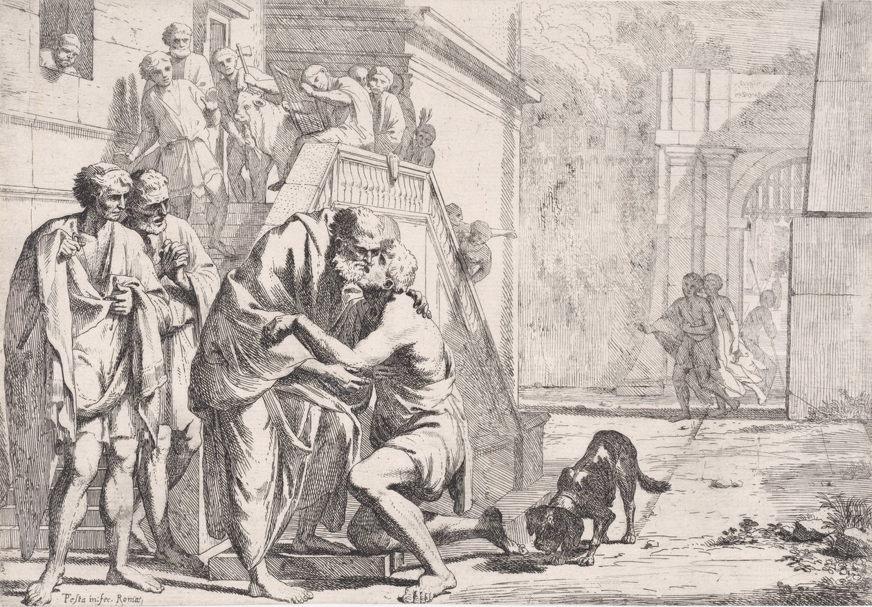 Il ritorno del figliol prodigo, il padre abbraccia il figlio, da una serie da Pietro Testa
