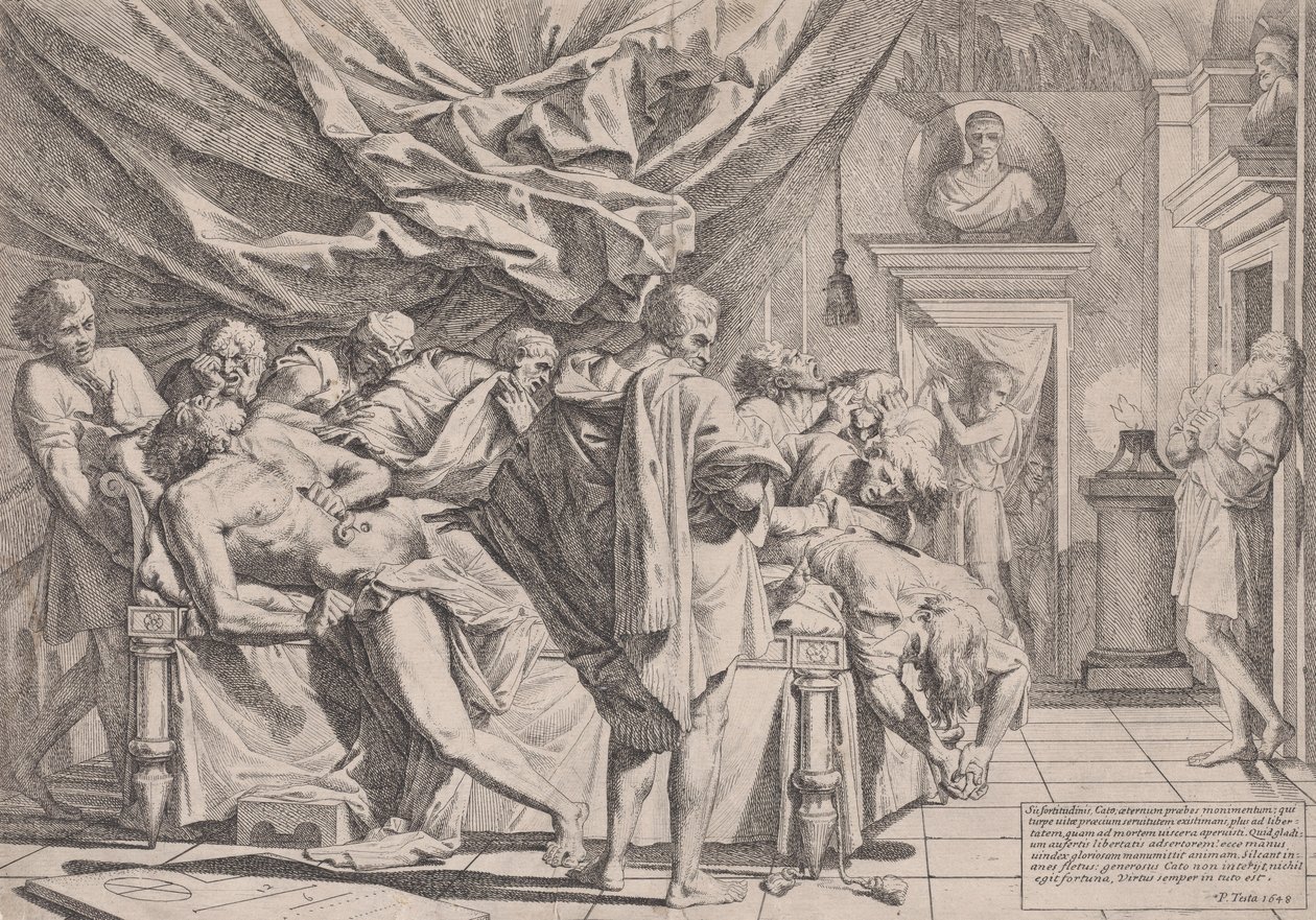 Il suicidio del filosofo Catone, che giace sul suo letto tirando fuori le sue viscere osservato da..., 1648 da Pietro Testa